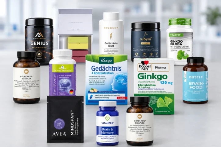 verschiedene Brain Booster Produkte nebeneinander im Testlabor