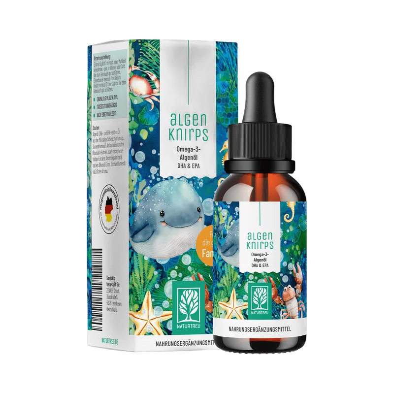 Naturtreu Algenknirps Omega-3-Algenöl-Tropfen für Kinder, Pipettenflasche mit Faltschachtel
