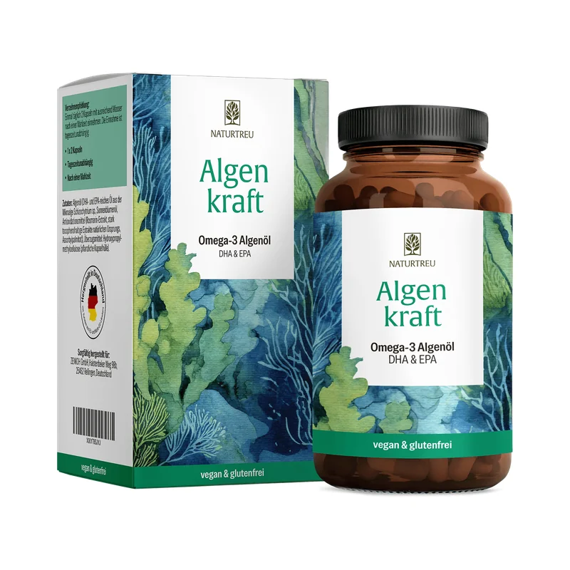 Naturtreu Algenkraft Omega-3-Algenöl-Kapseln, Glas mit Faltschachtel