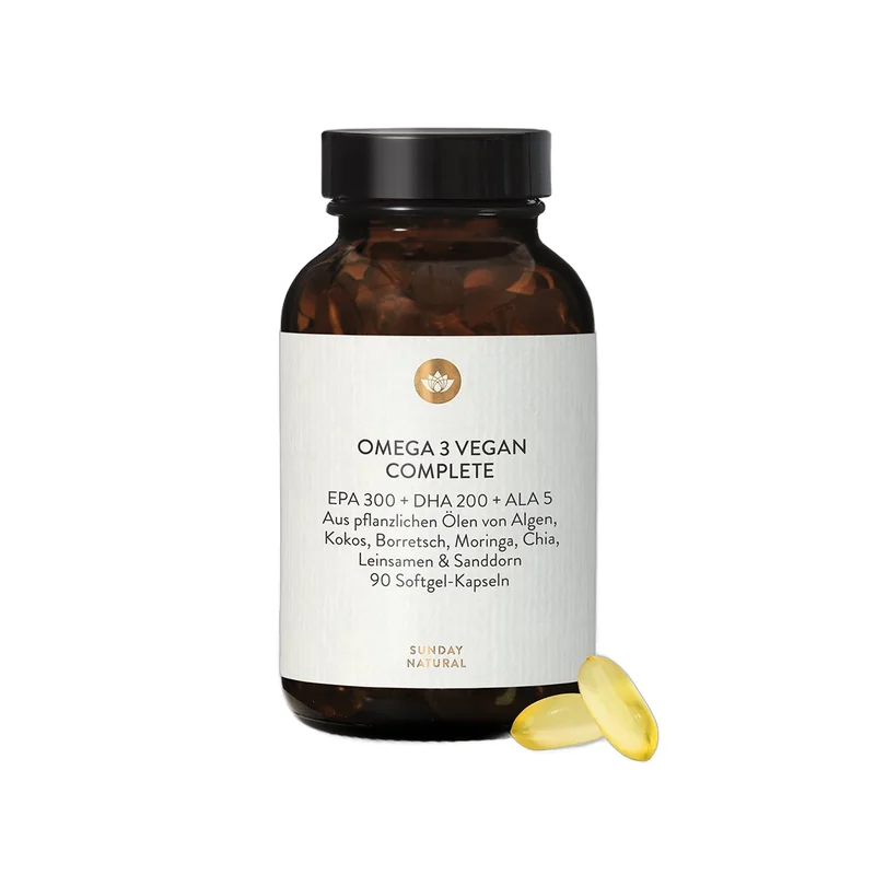 Sunday Natural Omega 3 Complete Vegan, Braunglas mit Softgel-Kapsel